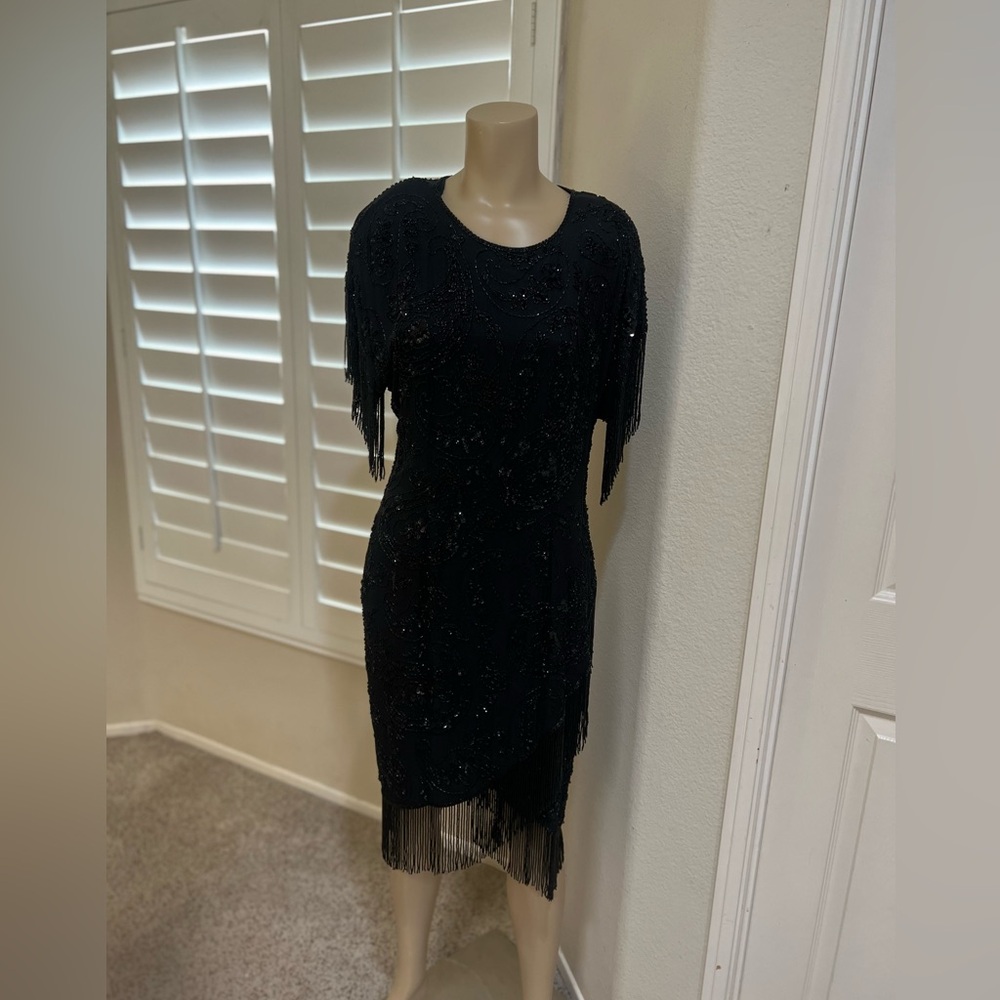 VNTG BLACK TIE Black Silk beaded fringed sequin MIDI  Formal Dress Goth Party 12